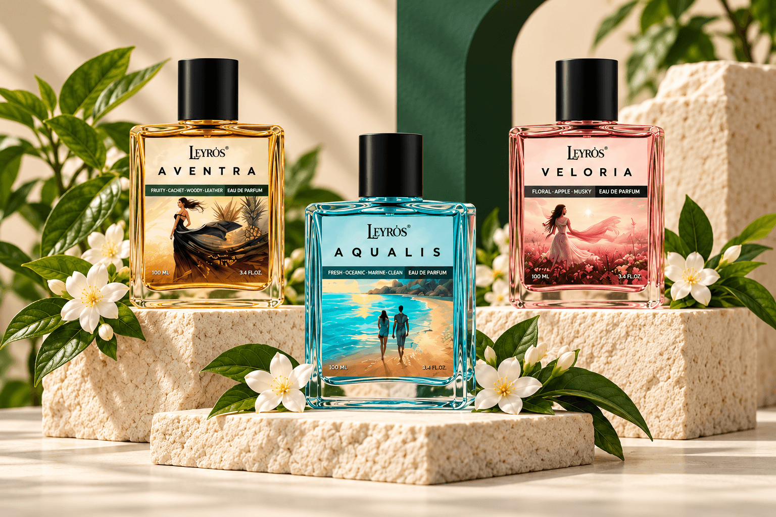 Leyros Aventra, Aqualis and Veloria fragrances